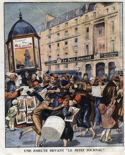 Aufruhr der Frauen am Kiosk bei der Veröffentlichung des neuen Formats der Zeitschrift „La mode“ in Paris. Illustration aus „Le petit journal“ vom 01.11.1925. Private Sammlung von Anonymous Anonymous