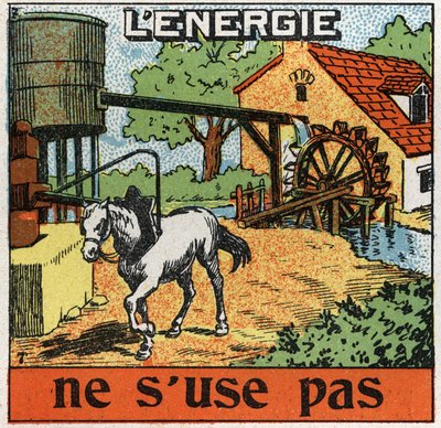 Energie nutzt sich nicht ab: Pferd an einem Karussell hört Wasser in einem Reservoir. Anonyme Illustration von 1925. Private Sammlung. von Anonymous Anonymous