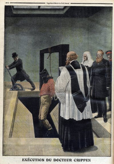 Hinrichtung von Dr. Crippen - Illustration aus „Le Petit Journal“, illustriertes Supplement, 4. Dezember 1910 - Hinrichtung von Dr. Herbert Hawley Crippen im Pentonville-Gefängnis, zum Tode verurteilt wegen des Mordes an der schönen Elmore von Anonymous Anonymous