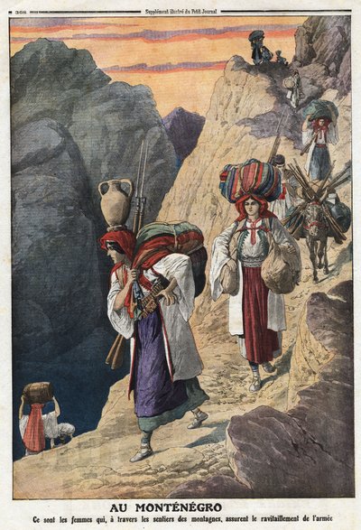 Erster Balkankrieg: Montenegrinische Frauen überqueren zu Fuß die Berge, um die Waffenversorgung sicherzustellen. Illustration aus „Le Petite Journal“ vom 17.11.1912. Private Sammlung. von Anonymous Anonymous