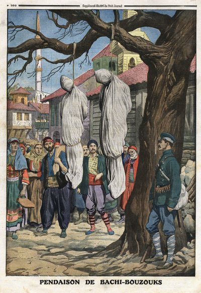 Erster Balkankrieg: Erhängung von Bachibuzuk, Söldnerreitern der osmanischen Armee, Räubern und Plünderern, gefangen von der bulgarischen Armee im Dorf Ketcheukeli. Illustration aus „Le Petite Journal“ 08.12.1912 von Anonymous Anonymous