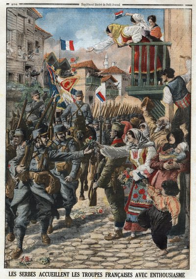 Erster Weltkrieg 1914-1918: Serben begrüßen französische Truppen mit Begeisterung. Gravur in „Le Petit Journal“, am 24.10.1915. von Anonymous Anonymous