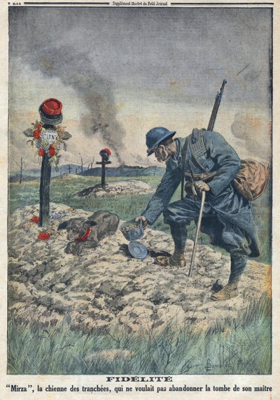 Erster Weltkrieg 1914-1918. Ein Hund weigert sich, das Grab seines toten Herrn im Schützengraben zu verlassen. In „Le Petite Journal“, am 10.09.1916. Private Sammlung von Anonymous Anonymous