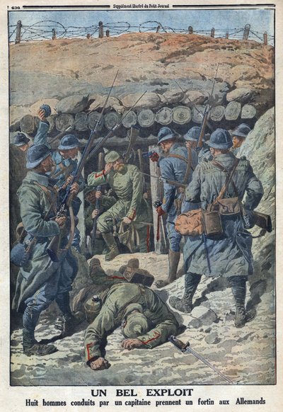 Erster Weltkrieg 1914-1918. Acht Soldaten der französischen Armee unter der Führung eines Hauptmanns erobern ein Fort von den Deutschen. In „Le Petit Journal“, am 03.09.1916. Private Sammlung von Anonymous Anonymous