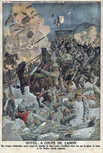 Erster Weltkrieg 1914-1918 (Krieg 14-18). Die deutsche Armee versucht, den Fluss Duna zu überqueren, aber die russische Artillerie schießt mit einer Kanone auf das Eis und ertränkt die deutsche Armee (im Text Boche genannt) In „The Petity Journal“ von Anonymous Anonymous