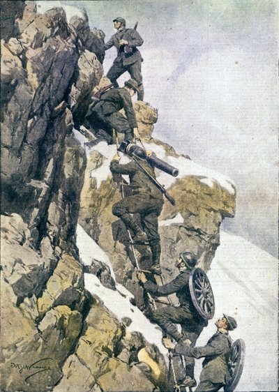 Erster Weltkrieg: Italienische Alpenjäger tragen Material auf einen Gipfel der italienischen Alpen von Anonymous Anonymous
