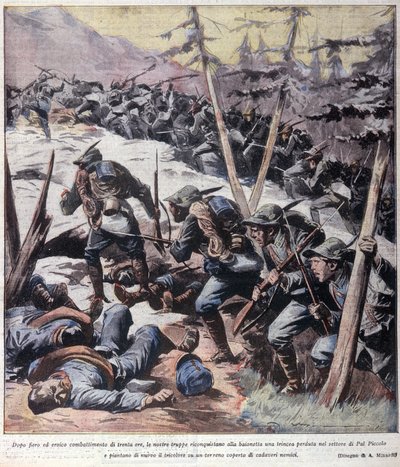 Erster Weltkrieg: Italienische Alpenjäger erobern den Pal Piccolo in den italienischen Alpen zurück, 1916. Illustration aus 
