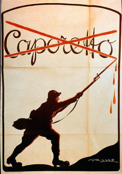 Erster Weltkrieg: Plakat, veröffentlicht anlässlich der Niederlage von Caporetto (oder Schlacht von Karfreit) Ende Oktober 1917, das einen Soldaten der italienischen Armee zeigt, der den Namen „Caporetto“ von der Spitze seines Bajonetts abstreift von Anonymous Anonymous