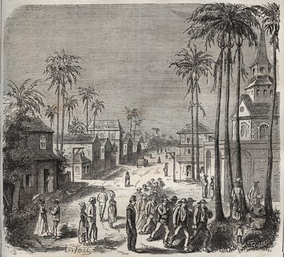 Forcats auf dem Weg zur Arbeit im Penitencier Saint-Laurent in Cayenne (Französisch-Guayana) im 19. Jahrhundert. Gravur in „Histoire des bagnes depuis leur création à nos jours“ (1877) von Pierre Zaccone (1817-1895). von Anonymous Anonymous