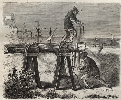 Sträflinge im Saint-Laurent-Penitentiär in Cayenne (Französisch-Guayana) im 19. Jahrhundert. Gravur in „Histoire des bagnes depuis leur création à nos jours“ (1877) von Pierre Zaccone (1817-1895). Private Sammlung. von Anonymous Anonymous