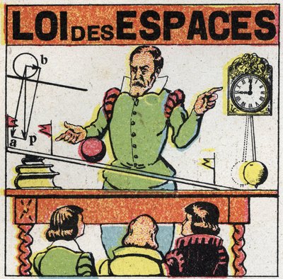 Körnung: Gesetz der Räume. Galileo Galilei (1564-1642) beobachtet die Bewegung einer Kugel auf einer geneigten Ebene, um den Fall von Körpern zu studieren. Anonyme Illustration von 1925. Private Sammlung. von Anonymous Anonymous