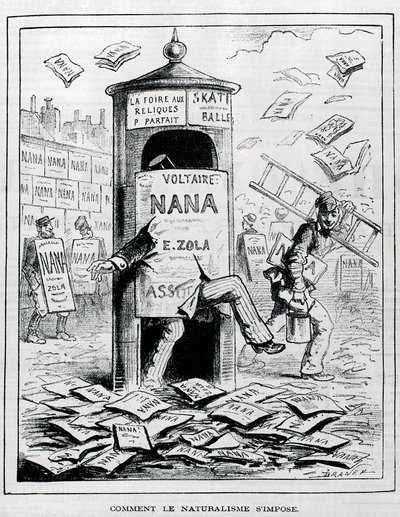Wie der Naturalismus auferlegt wird: satirische Zeichnung über den naturalistischen Roman über das Buch „Nana“ von Emile Zola. Gravur des 19. Jahrhunderts. Private Sammlung. von Anonymous Anonymous