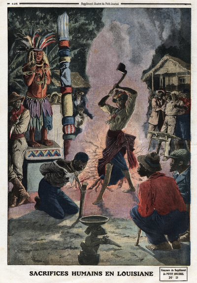 Menschenopfer in Louisiana. Gravur in „Le petit Journal“, am 21.04.1912. Private Sammlung. von Anonymous Anonymous