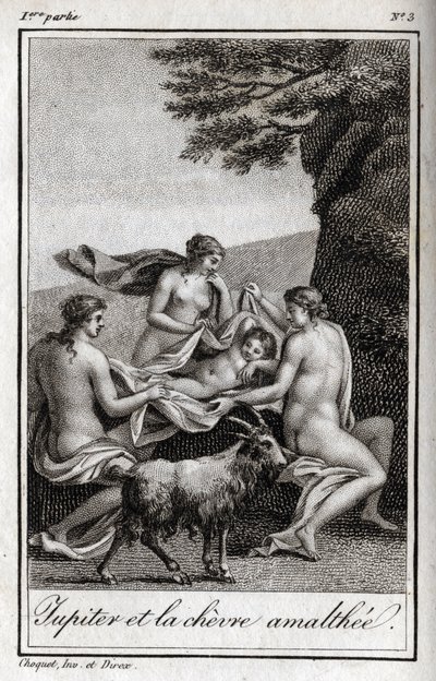 Jupiterkind wird von der Ziege Amalthea gefüttert. Gravur aus 1819 in „Lettres à Emilie sur la mythologie“ von Charles Albert Demoustier (1760-1801). Private Sammlung von Anonymous Anonymous