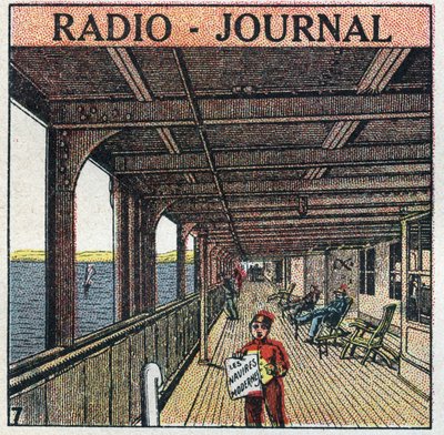 La T.S.F.: Radio - Zeitung. Zeitungsverkäufer auf einem Liner. Anonyme Illustration von 1925. Private Sammlung. von Anonymous Anonymous