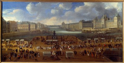 Le Pont Neuf gesehen vom Eingang zur Place Dauphine, Durchzug eines Kortsches auf der Brücke im Jahr 1669. Anonymes Gemälde. Paris, Musée Carnavalet von Anonymous Anonymous