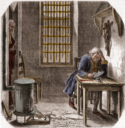 Ludwig XVI. (1754-93) liest sein Testament im Tempel 1792 - Ludwig XVI. liest sein Testament im Turm des Tempels am 25. Dezember 1792 - Gravur in „Histoire des Girondins“ von Alphonse de Lamartine (1790-1869) 1865-1866 - Private Sammlung von Anonymous Anonymous