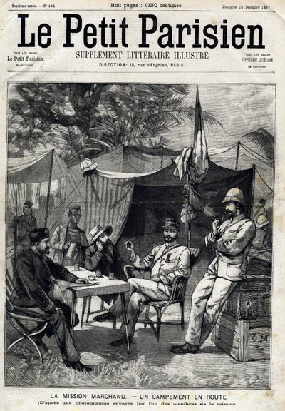 Marchand-Missionslager: Jean-Baptiste Marchand (1863-1934), Kapitän Baratier zu seiner Linken und Leutnant Victor Emmanuel Largeau (1867-1916) und Kapitän Germain zu seiner Rechten. In „Le Petit Parisien“ am 26.12.1897 von Anonymous Anonymous