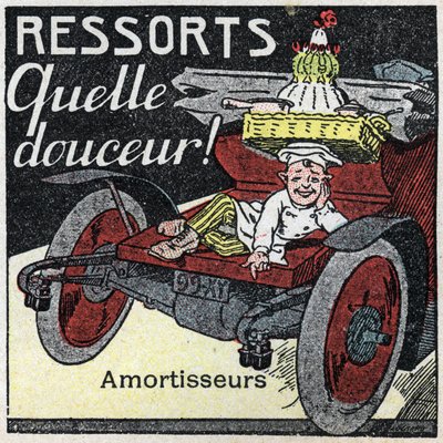 Mechanischer Antrieb: Stoßdämpfer eines Autos. Anonyme Illustration von 1925. Private Sammlung. von Anonymous Anonymous