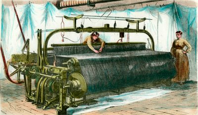 Webstuhl für mechanisches Weben in einer großen Fabrik. Gravur um 1860 von Anonymous Anonymous