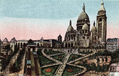 Paris: Standseilbahn und Basilika Sacré-Cœur auf dem Montmartre-Hügel. Fotografie von 1920 im „Künstlerischen Album“ der Stadt Paris. Private Sammlung. von Anonymous Anonymous