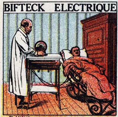 Physiologische Effekte der Elektrizität: elektrisches Steak. Behandlung eines Patienten durch das Durchleiten von Elektrizität durch seinen Körper mit blanken Metallelektroden. Anonyme Illustration von 1925. Private Sammlung. von Anonymous Anonymous