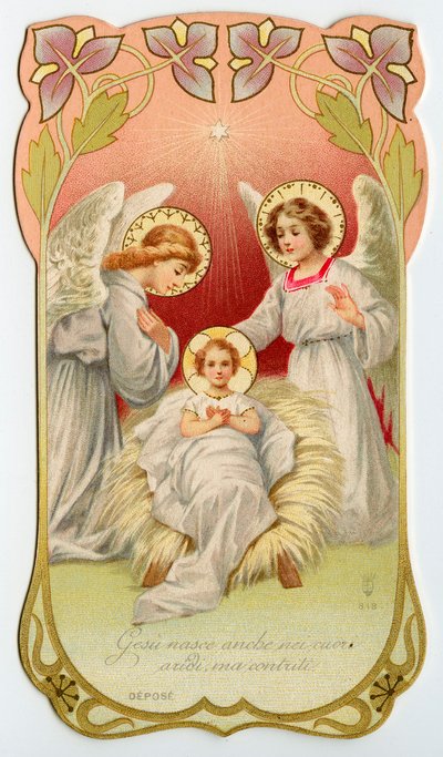 Andachtsbild: Geburt Jesu mit zwei Engeln (Chromolithografie) von Anonymous Anonymous