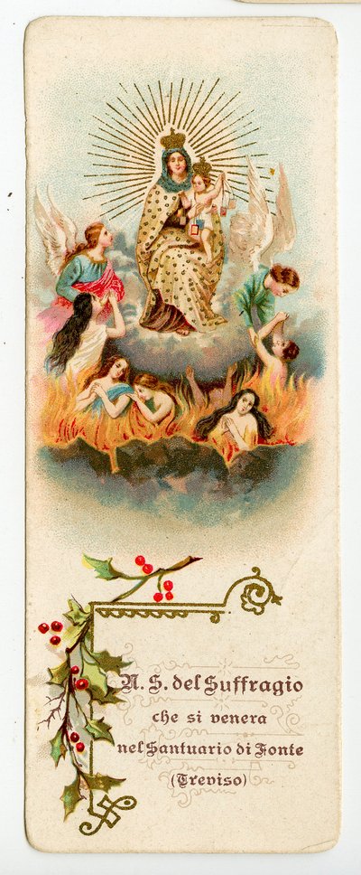 Andachtsbild: Unsere Liebe Frau vom Fegefeuer. Die Jungfrau im Fegefeuer, um Seelen zu retten (Chromolithografie) von Anonymous Anonymous