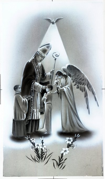 Andachtsbild: das Bekenntnis des Glaubens, Stufe der christlichen religiösen Erziehung. Private Sammlung Karte von Anonymous Anonymous