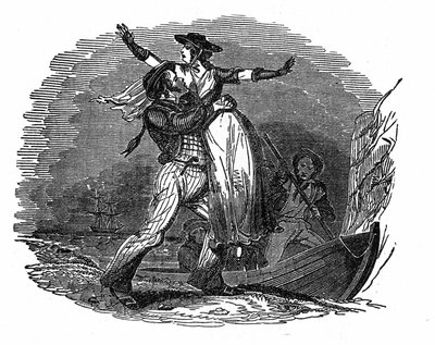 Pirat Charles Gibbs entführt ein niederländisches Mädchen von seinem Schiff (frühes 19. Jahrhundert). Gravur aus 