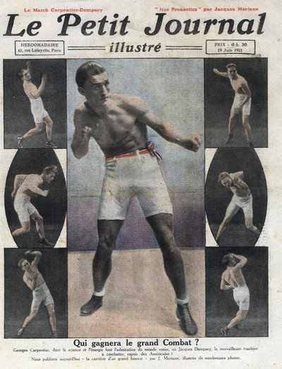 Porträt des französischen Boxers Georges Carpentier, der gegen den amerikanischen Boxer Jack Dempsey um den Weltmeistertitel kämpfen wird. Illustration aus „Le petit journal illustré“ vom 19.06.1921. Private Sammlung von Anonymous Anonymous