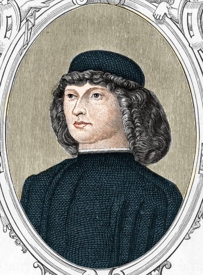 Porträt des italienischen Malers Giovanni Bellini genannt il Giambellino (1425/1433-1516), Gravur von 1859 in „the galleries of Europe - Italy“ von Armandaud. Private Sammlung von Anonymous Anonymous