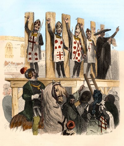 Bestrafung des Nagels im 16. Jahrhundert. Illustration in „Mysteres of the Inquisition and Other Secretive Societies of Spain“ von Victor de Fereal, Suberwick, Manuel Galo de Cuendias von Anonymous Anonymous