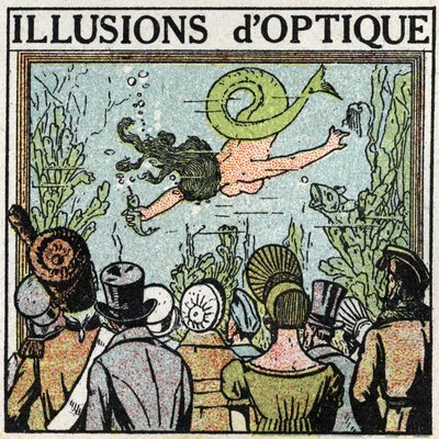Lichtreflexion: optische Täuschung. Verwendung eines Eiskrem, um die Illusion einer Frauenfisch zu erzeugen. Anonyme Illustration von 1925. Private Sammlung. von Anonymous Anonymous
