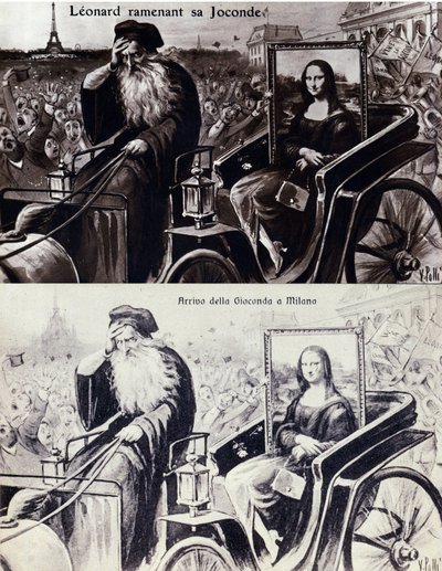 Darstellung von Leonardo da Vinci, der die Mona Lisa nach dem Diebstahl durch Vincenzo Peruggia zurückbringt. Postkarte von Anonymous Anonymous