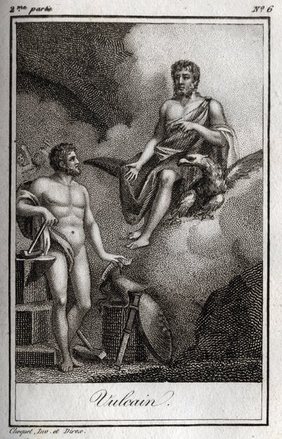 Darstellung von Vulkan, Gott des Feuers, der Schmiede und der Vulkane. Gravur aus 1819 in „Lettres à Emilie sur la mythologie“ von Charles Albert Demoustier (1760-1801). Private Sammlung von Anonymous Anonymous