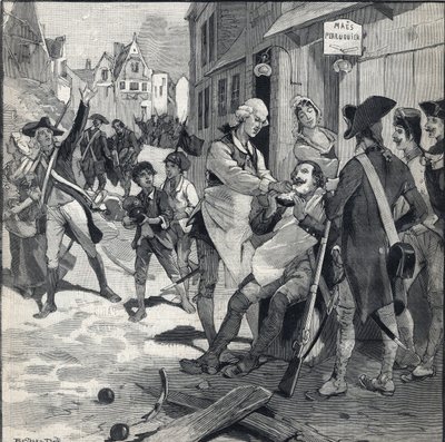 Belagerung von Lille 1792: Maes verwendet eine Bombensplitter als Rasierbecken für einen Kunden. Gravur in Le Petit Parisien am 16.10.1892. Private Sammlung von Anonymous Anonymous