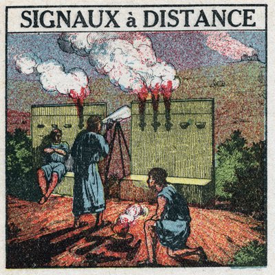 Telegraf: Fernlichtsignale, die von den Griechen der Antike verwendet wurden, um zu kommunizieren. Anonyme Illustration von 1925. Private Sammlung. von Anonymous Anonymous