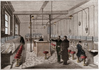 Telefonzentrale nach dem Edison Gower-Bell-System der Telekommunikation - erste zentrale Telefonzentrale in Paris im Jahr 1879 - System des Amerikaners Frederick Gower - Gravur in „La nature“ von 1880 von Anonymous Anonymous