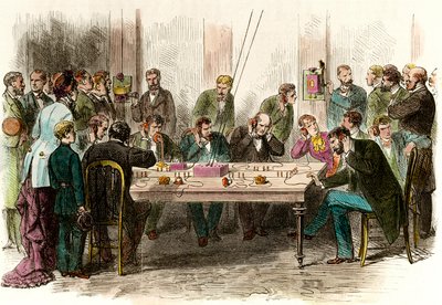 Telefonie-Erfahrung im Warteraum des Bahnhofs Saint Lazare in Paris am 6.09.1879. Gravur des 19. Jahrhunderts, Privatsammlung von Anonymous Anonymous