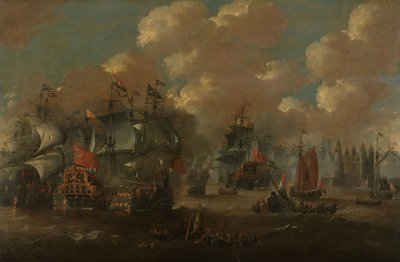 Die Schlacht im Sund mit der Eendracht im Kampf gegen zwei schwedische Kriegsschiffe von Anonymous Anonymous