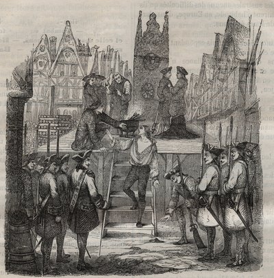 Der Chevalier Francois-Jean Lefebvre de La Barre auf dem Weg zum Schafott im Jahr 1766. Gravur in „Histoire des bagnes depuis leur création à nos jours“ (1877) von Pierre Zaccone (1817-1895). von Anonymous Anonymous