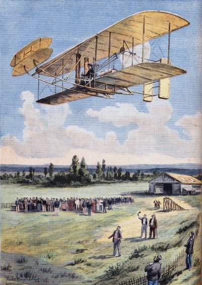 Die fliegenden Männer: die Erfahrungen von Wilbur Wright (1867-1912) über der Rennbahn Hunaudières, in der Nähe der Stadt Le Mans. Gravur aus der Zeitung „Le Peute Parisien“, am 30.08.1908. Private Sammlung. von Anonymous Anonymous