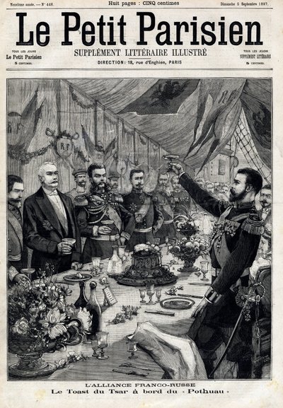 Die französisch-russische Allianz: der Toast von Zar Nikolaus II. (1868-1918) zu Ehren des französischen Präsidenten Felix Faure (1841-1899) an Bord der Pothau. In „Le Petit Parisien“ am 05.09.1897 von Anonymous Anonymous