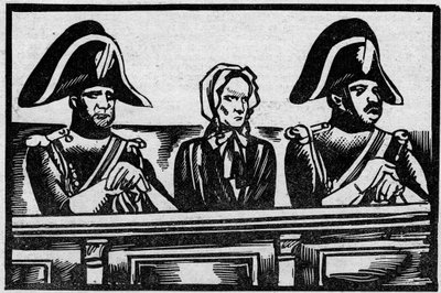 Der Fall Henriette Cornier, dargestellt im Zeugenstand während ihres Prozesses wegen des Mordes an einem Säugling, in der Nähe ihrer Arbeitgeber im November 1825. Illustration aus „Le Petit Journal illustré“ 1931 von Anonymous Anonymous