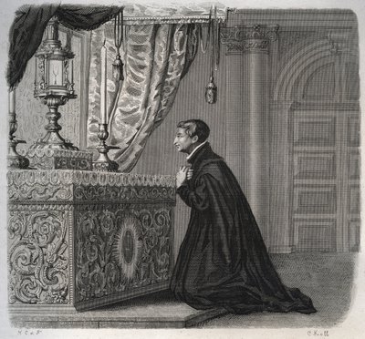 Der italienische Jesuit Louis de Gonzague (San Luigi Gonzaga) (1568-1591) im Gebet. Gravur von 1846 in „Lives of the saints“. Private Sammlung von Anonymous Anonymous