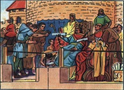 Der König von Frankreich Ludwig VI. der Große (1081-1137) gewährt der Stadt Paris die Charta. Anonyme Illustration in „Collection des souverains et chefs d