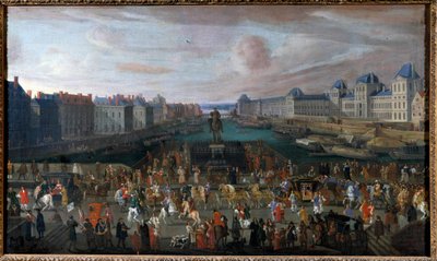 Der Pont Neuf gesehen vom Eingang zur Place Dauphine, das Quai Malaquais mit dem College der Vier Nationen (Institut de France) im Bau, die Grande Galerie und der Louvre beim Vorbeiziehen eines Zuges. Anonymes Gemälde. 1665 von Anonymous Anonymous