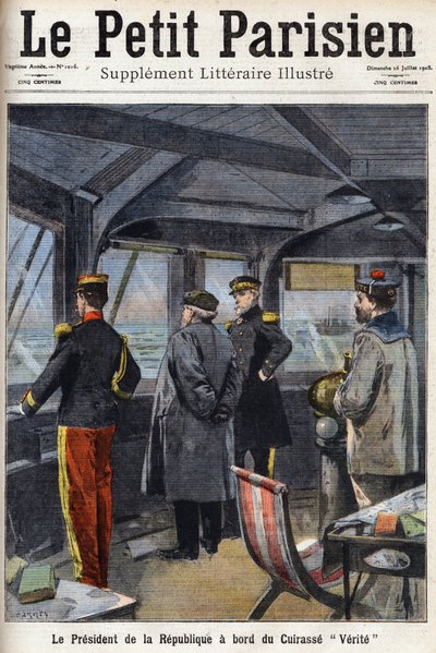 Der Präsident der Republik Armand Fallieres (1841-1931) an Bord des Panzerschiffs „Verite“. In „Le Petit Parisien“ am 26.07.1908 von Anonymous Anonymous