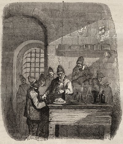Die Kantine des Brest-Bagne im 19. Jahrhundert. Gravur in „Histoire des bagnes depuis leur création à nos jours“ (1877) von Pierre Zaccone (1817-1895). Private Sammlung. von Anonymous Anonymous
